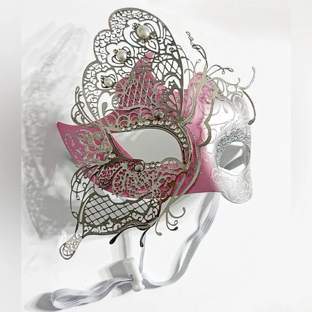 Venetian Masquerade Mask Pink Silver Filigree Rhinestone Mardi Gras